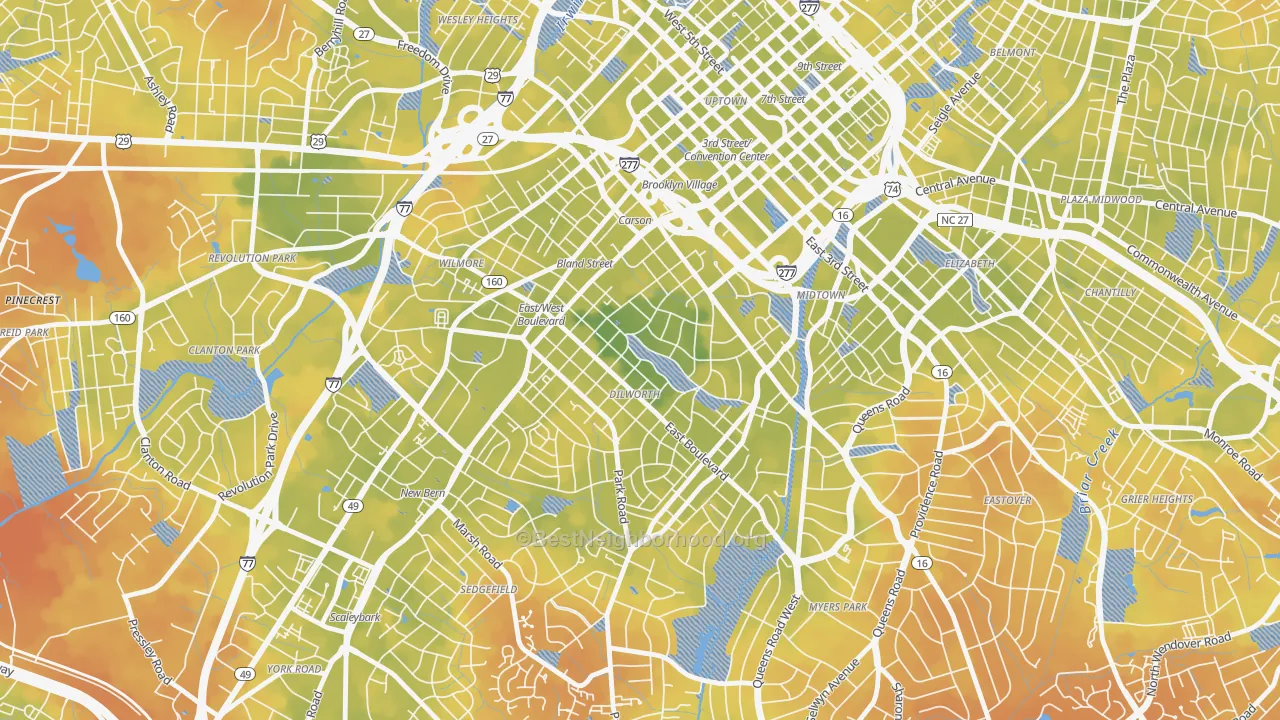 Bike Grade map of Dilworth, Charlotte, NC