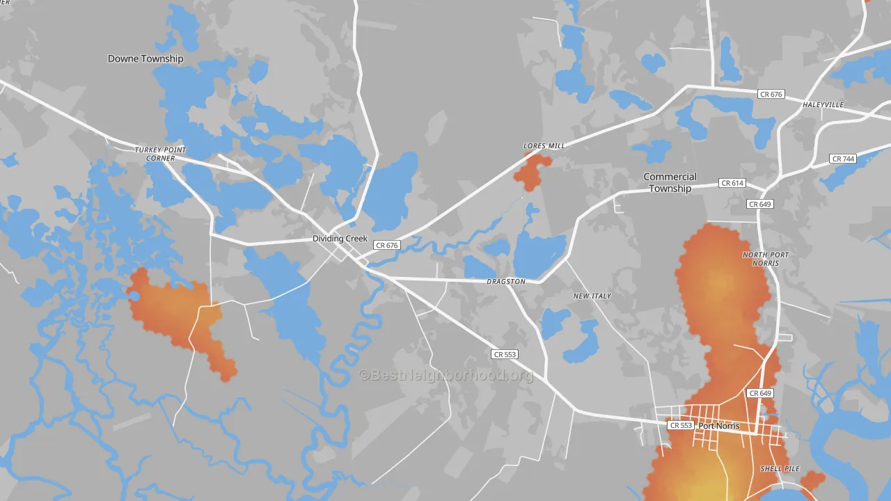 Bike Grade map of Dividing Creek, NJ