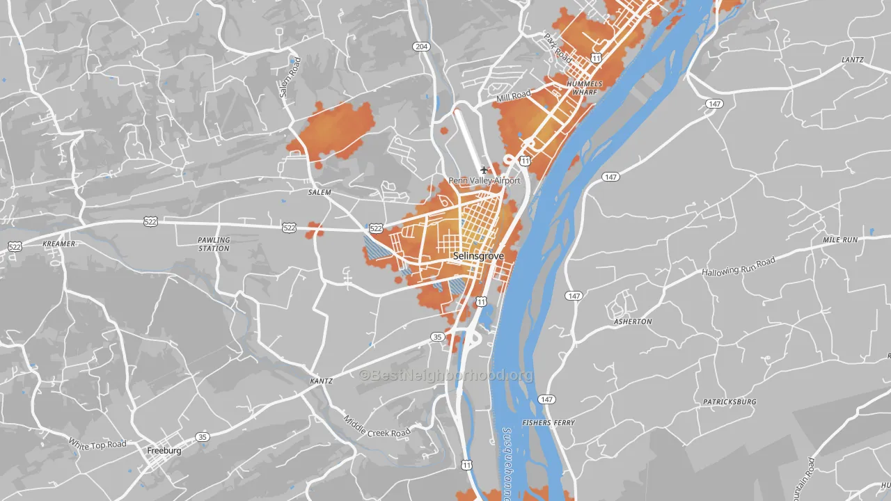 Bike Grade map of Dogtown, Selinsgrove, PA