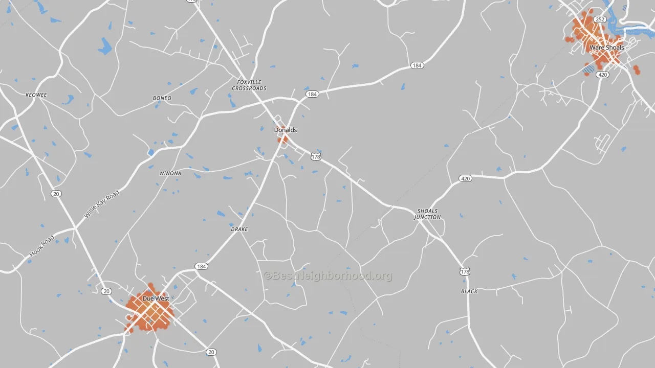 Bike Grade map of Donalds, SC