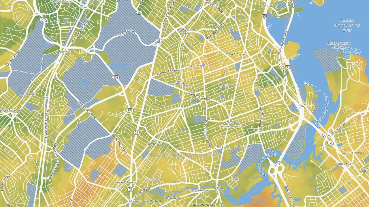 Bike Grade map of Dorchester Center, Boston, MA