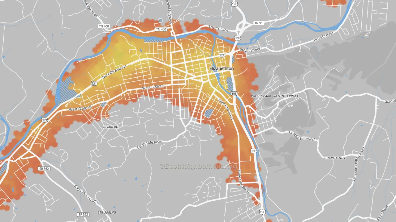 Bike Grade map of Douglas, Elizabethton, TN