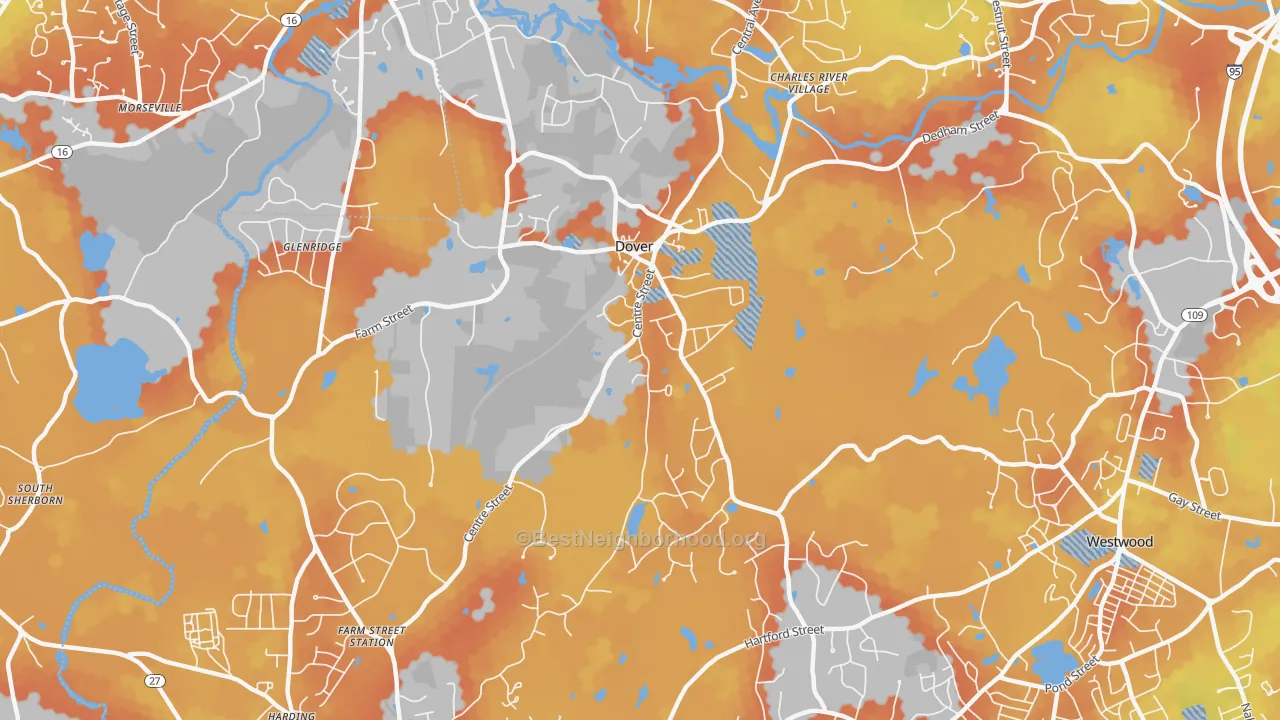Bike Grade map of Dover, MA