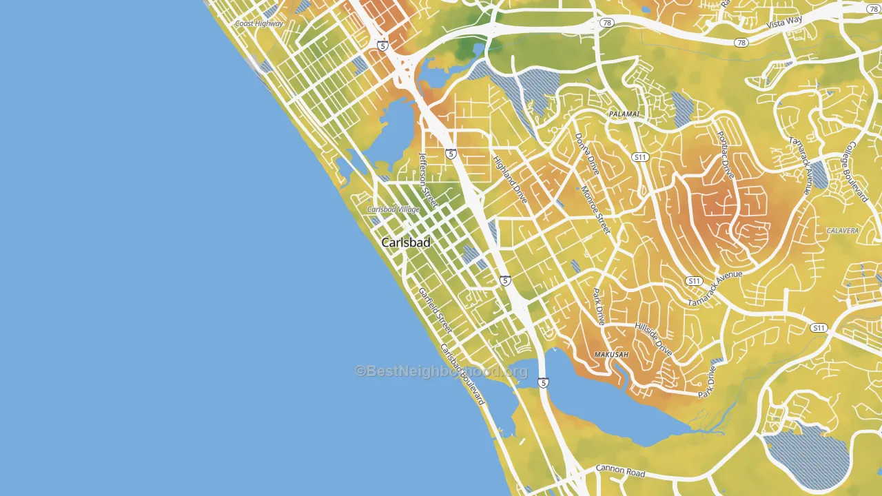 Bike Grade map of Downtown Carlsbad, Carlsbad, CA