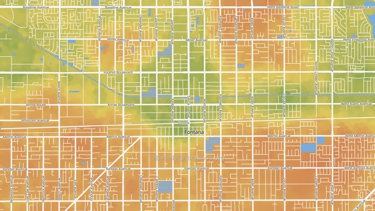 Bike Grade map of Downtown Fontana, Fontana, CA