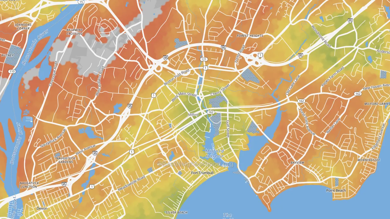 Bike Grade map of Downtown Harbor-Post Road South, Milford, CT