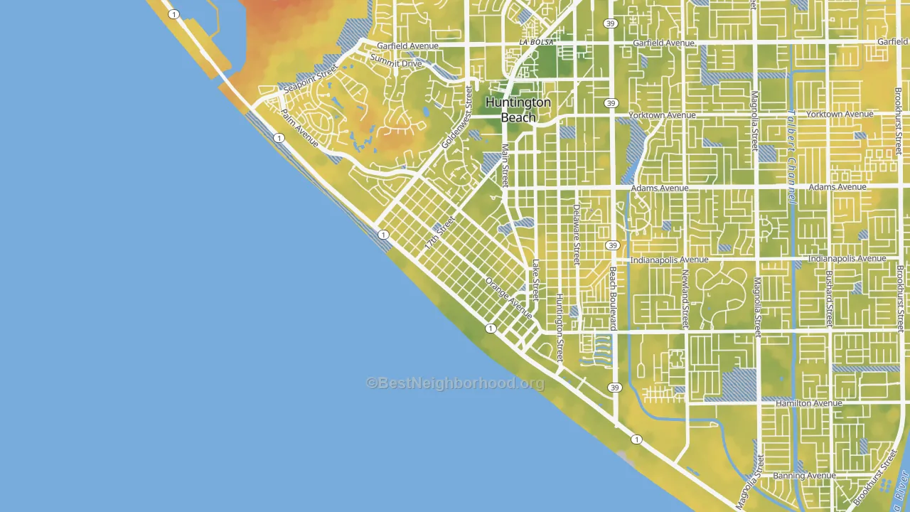 Bike Grade map of Downtown Huntington Beach, Huntington Beach, CA