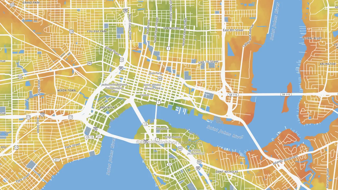 Bike Grade map of Downtown Jacksonville, Jacksonville, FL