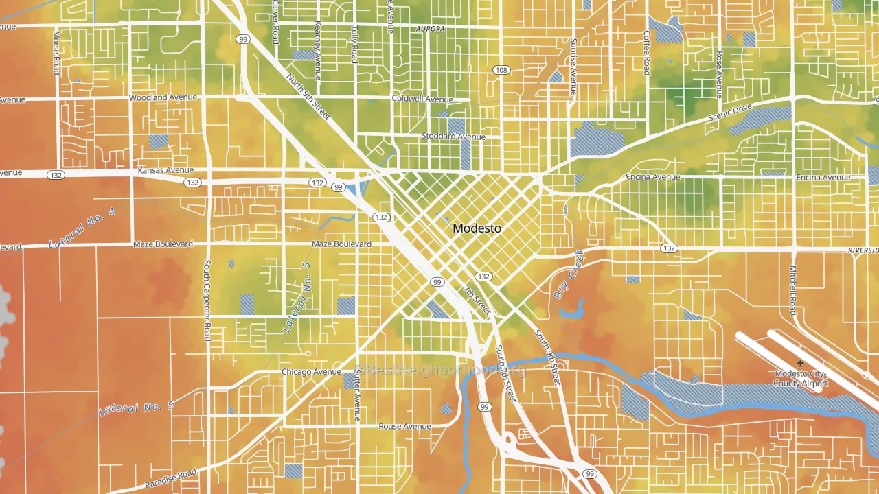 Bike Grade map of Downtown Modesto, Modesto, CA