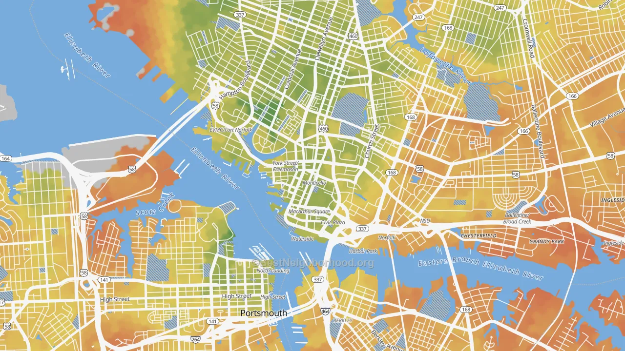 Bike Grade map of Downtown Norfolk, Norfolk, VA