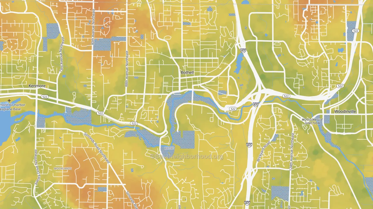 Bike Grade map of Downtown Riverfront-190th, Bothell, WA