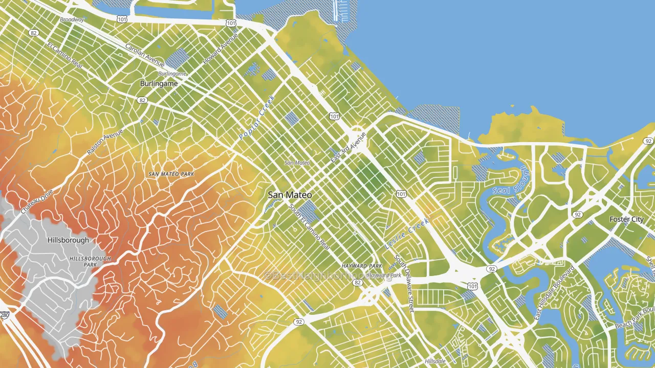 Bike Grade map of Downtown San Mateo, San Mateo, CA