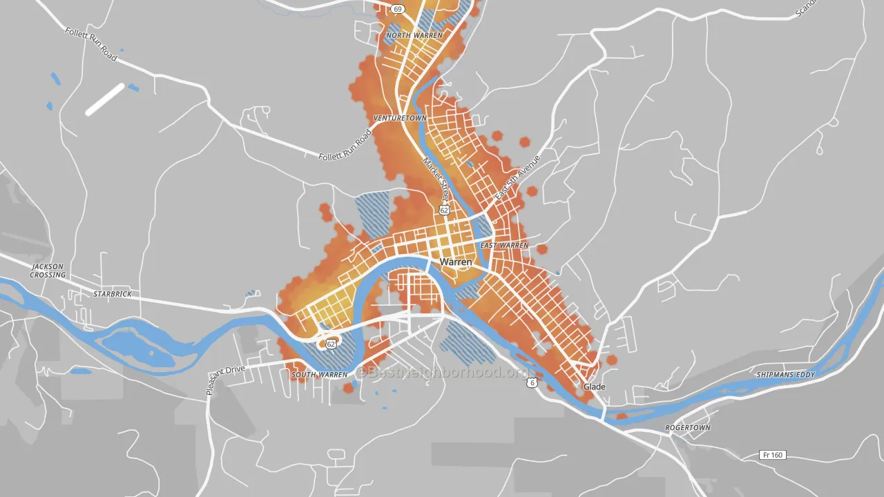 Bike Grade map of Downtown Warren, Warren, PA