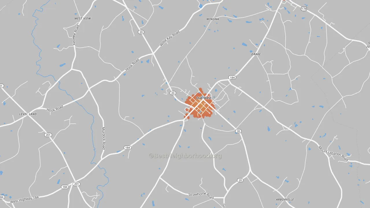 Bike Grade map of Due West, SC