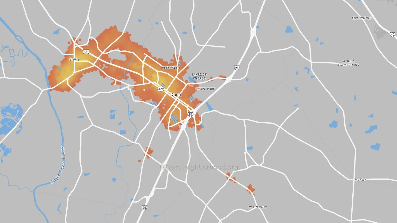Bike Grade map of Dunn, NC