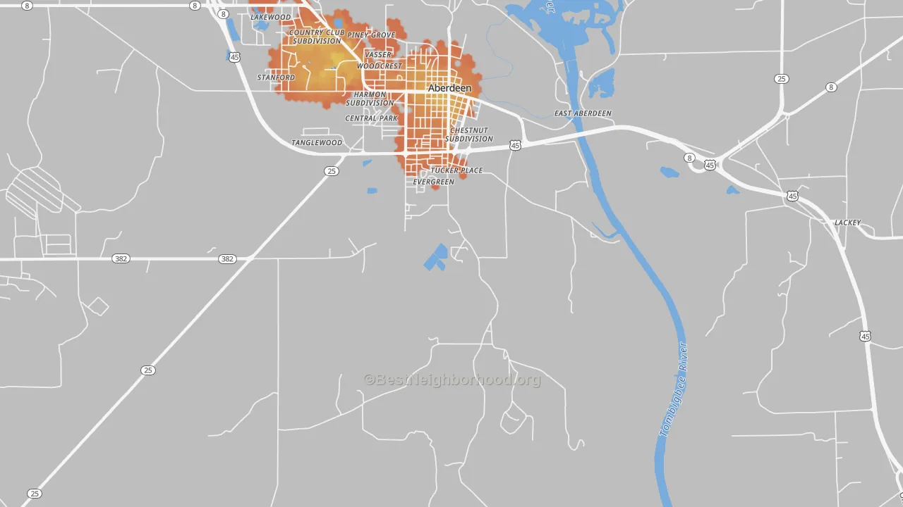 Bike Grade map of East Aberdeen, MS