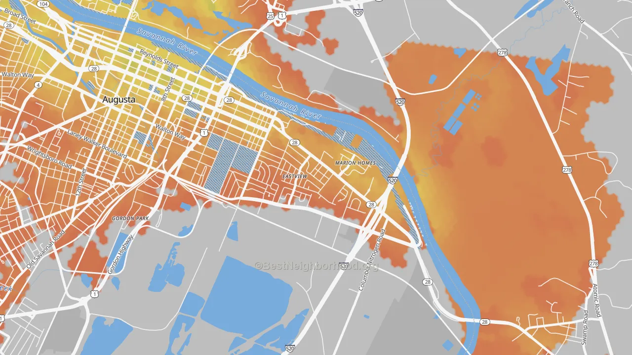Bike Grade map of East Augusta, Augusta, GA