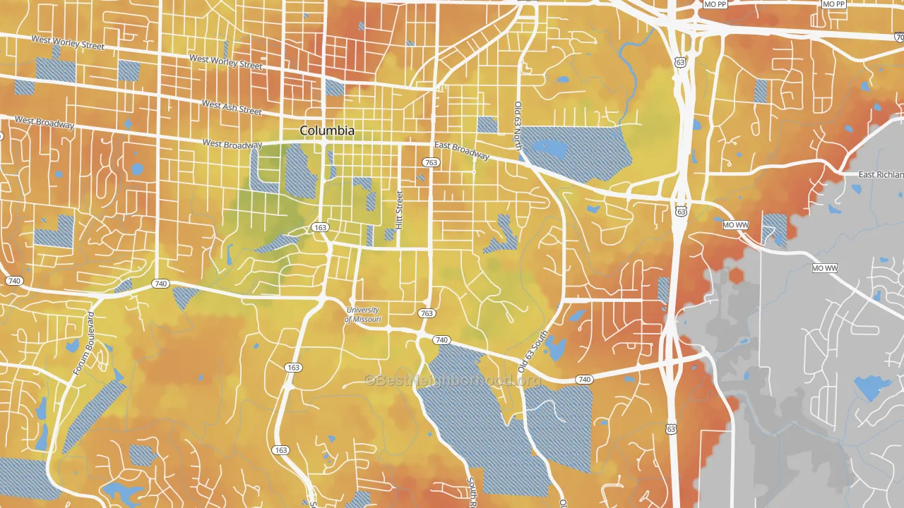 Bike Grade map of East Campus, Columbia, MO