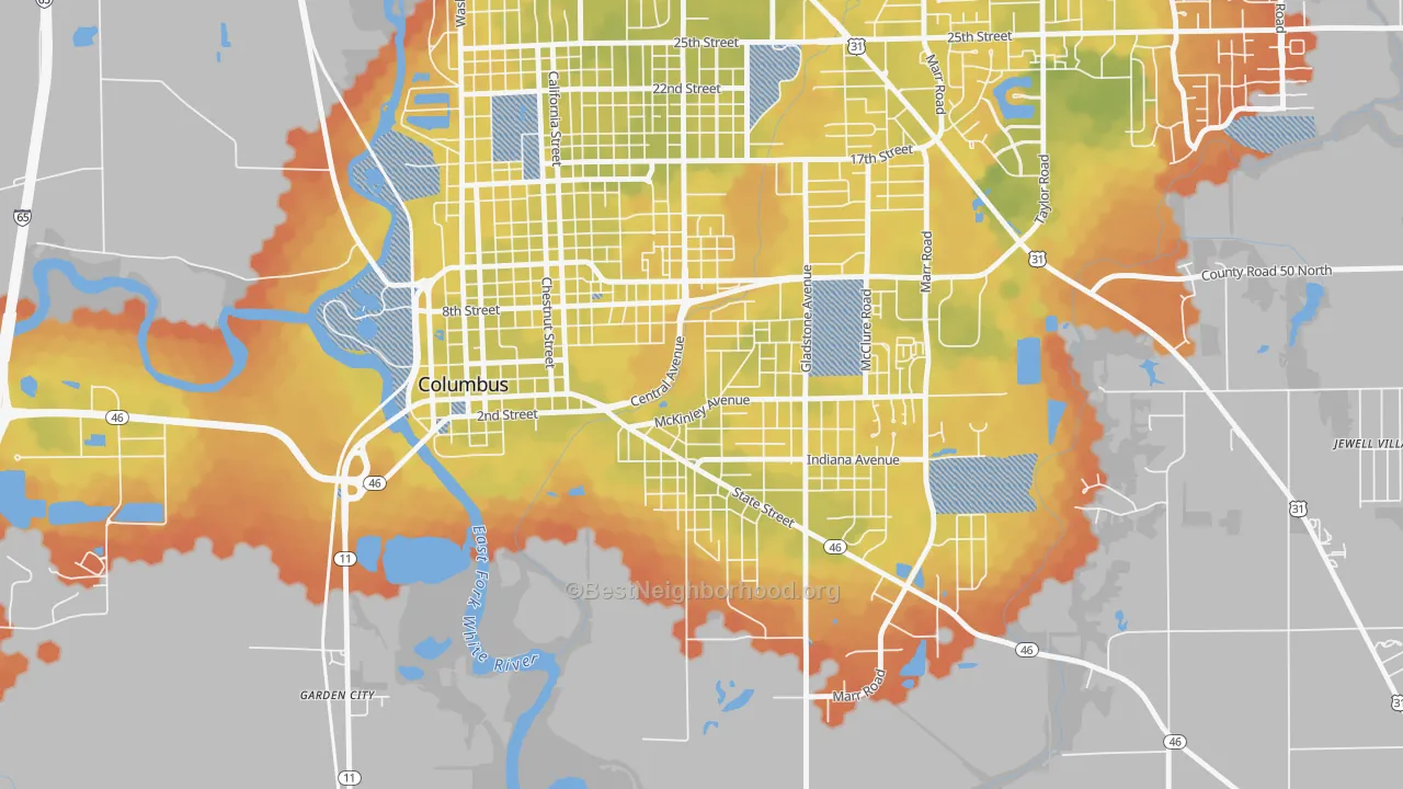 Bike Grade map of East Columbus, Columbus, IN