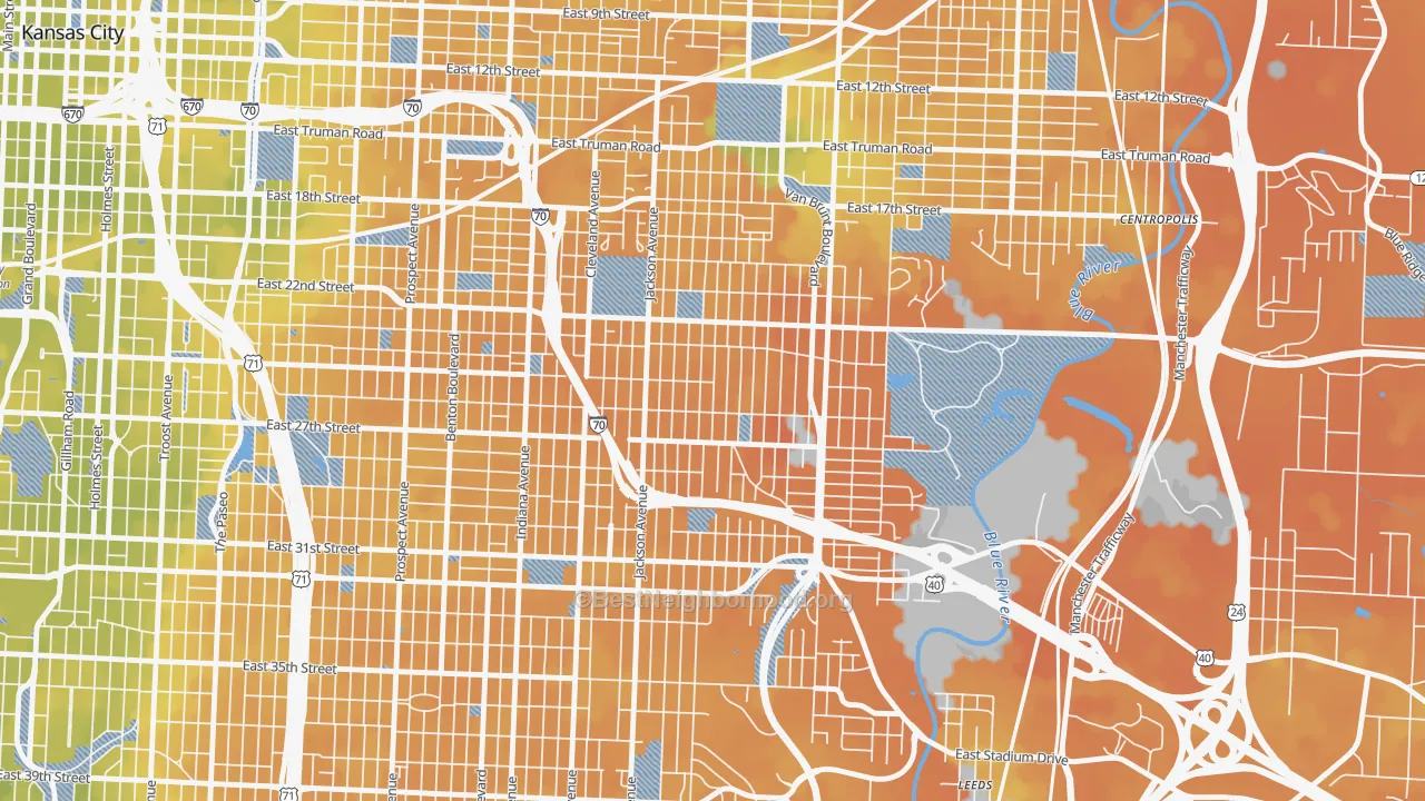 Bike Grade map of East Community Team South, Kansas City, MO