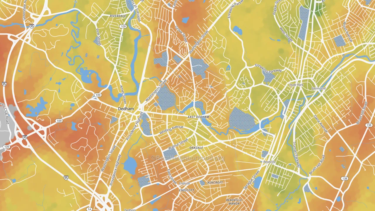 Bike Grade map of East Dedham, Dedham, MA