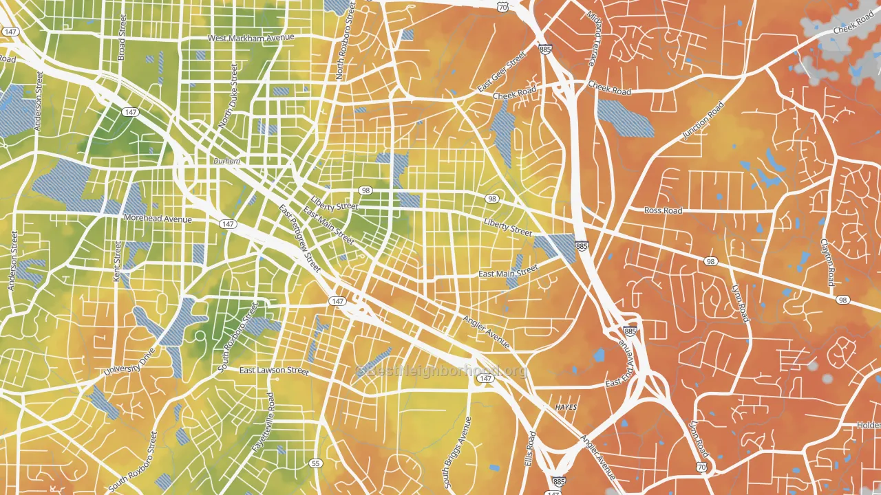 Bike Grade map of East Durham, Durham, NC