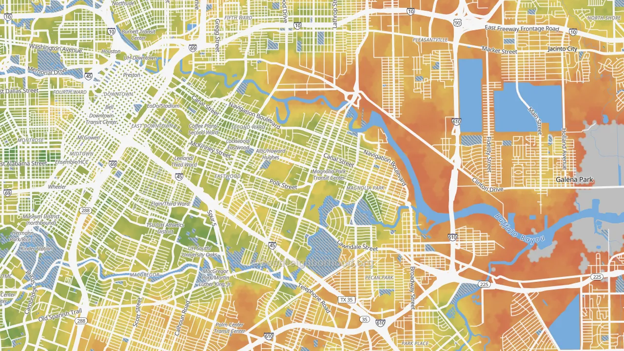 Bike Grade map of East End, Houston, TX