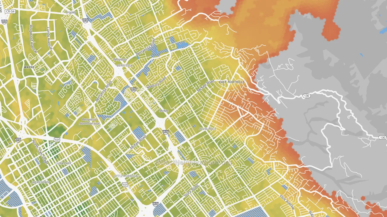 Bike Grade map of East Foothills, San Jose, CA
