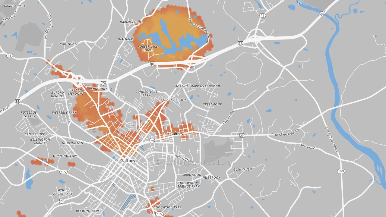 Bike Grade map of East Gaffney, SC