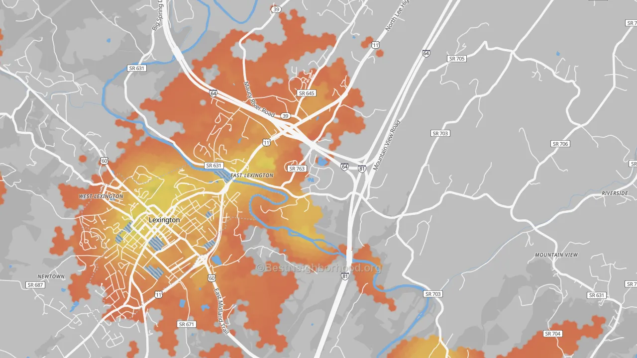 Bike Grade map of East Lexington, VA