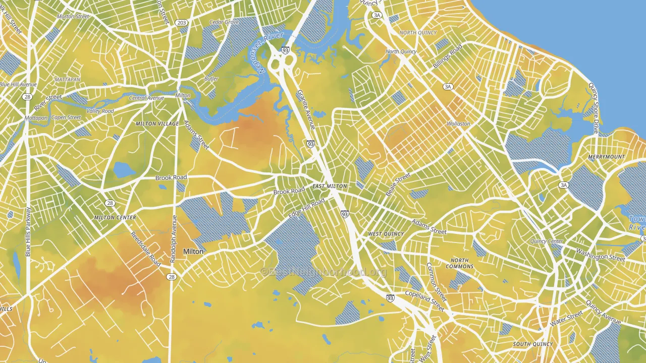 Bike Grade map of East Milton, Milton, MA