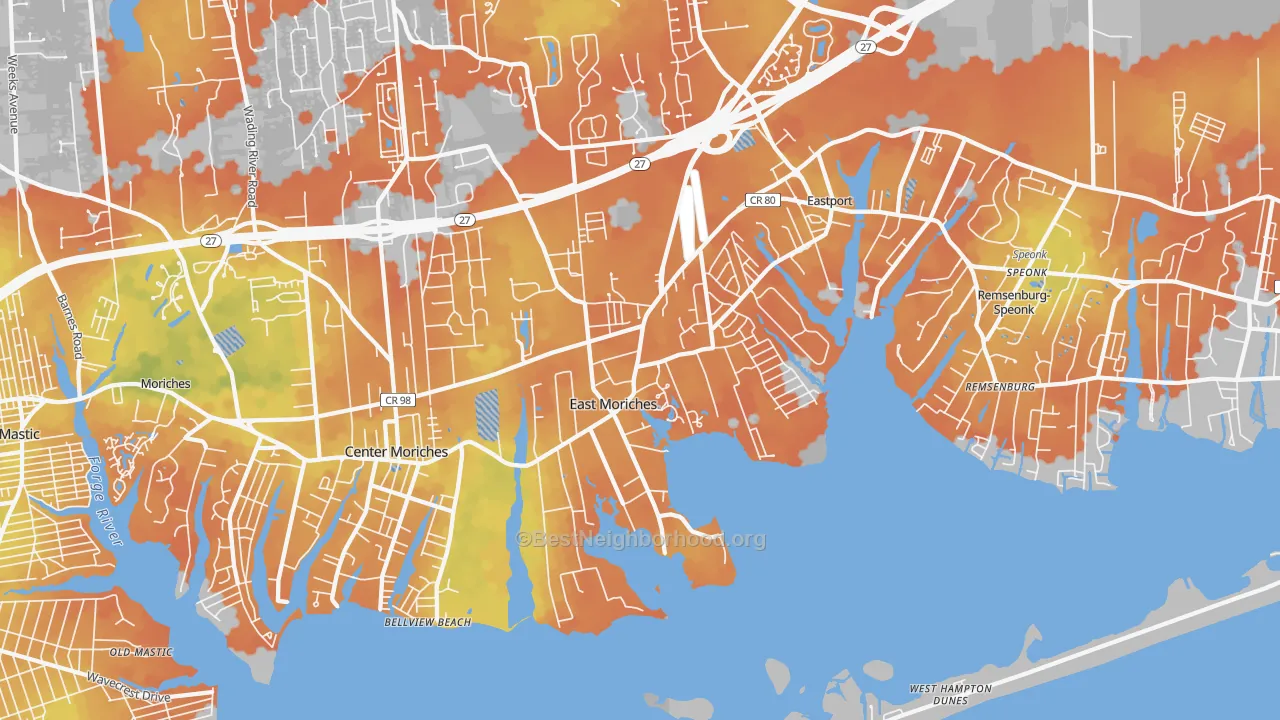 Bike Grade map of East Moriches, NY