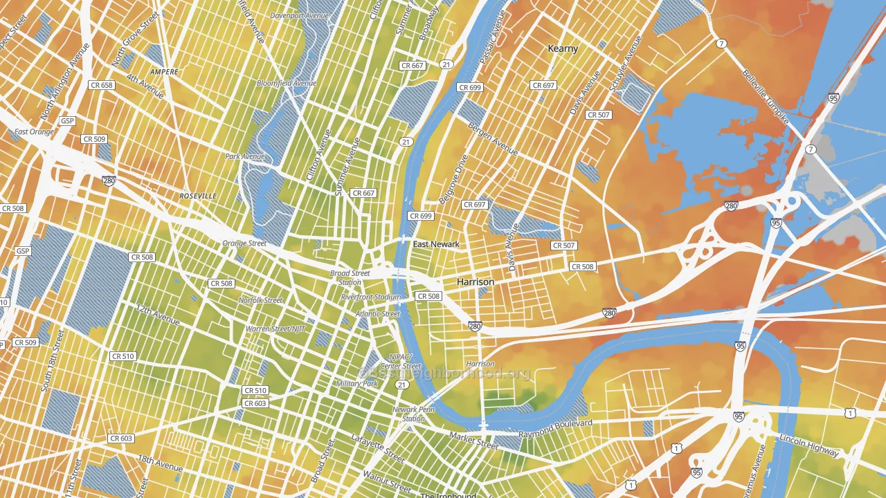 Bike Grade map of East Newark, NJ