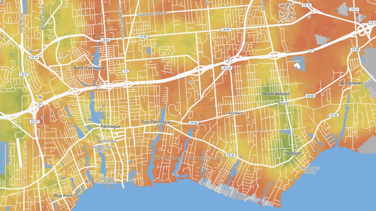 Bike Grade map of East Patchogue, NY