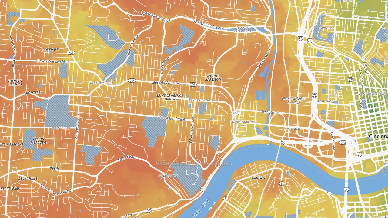 Bike Grade map of East Price Hill, Cincinnati, OH