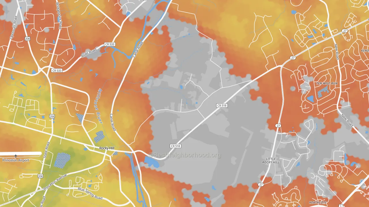Bike Grade map of East Rocky Hill, NJ