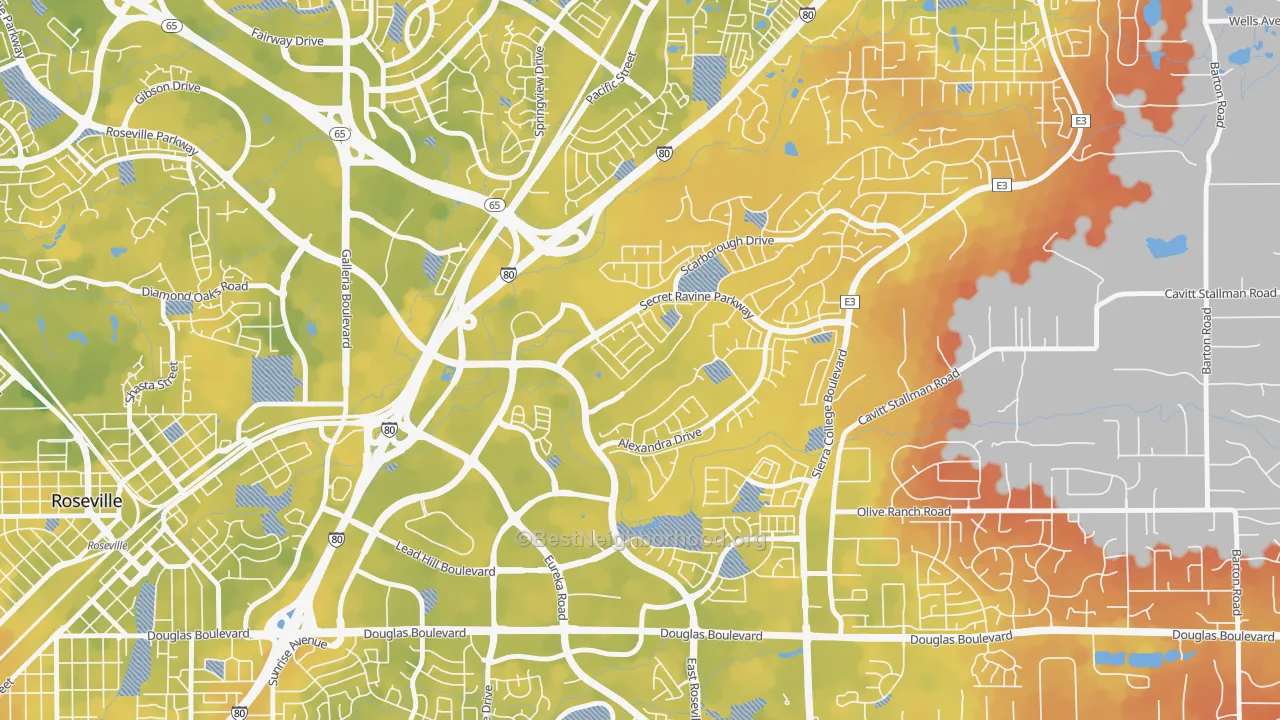 Bike Grade map of East Roseville Parkway, Roseville, CA
