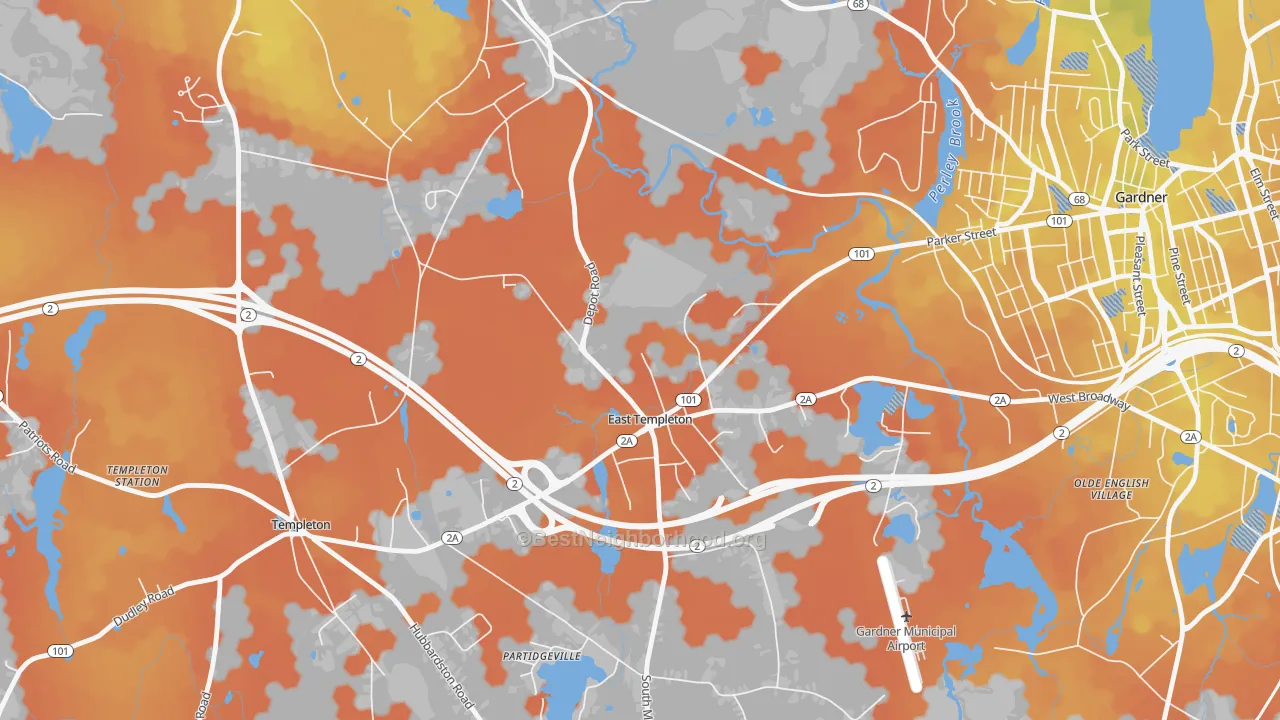 Bike Grade map of East Templeton, MA