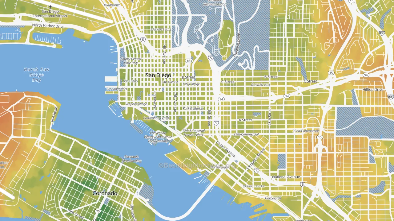 Bike Grade map of East Village, San Diego, CA