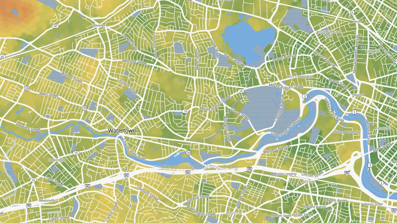 Bike Grade map of East Watertown, Watertown Town, MA