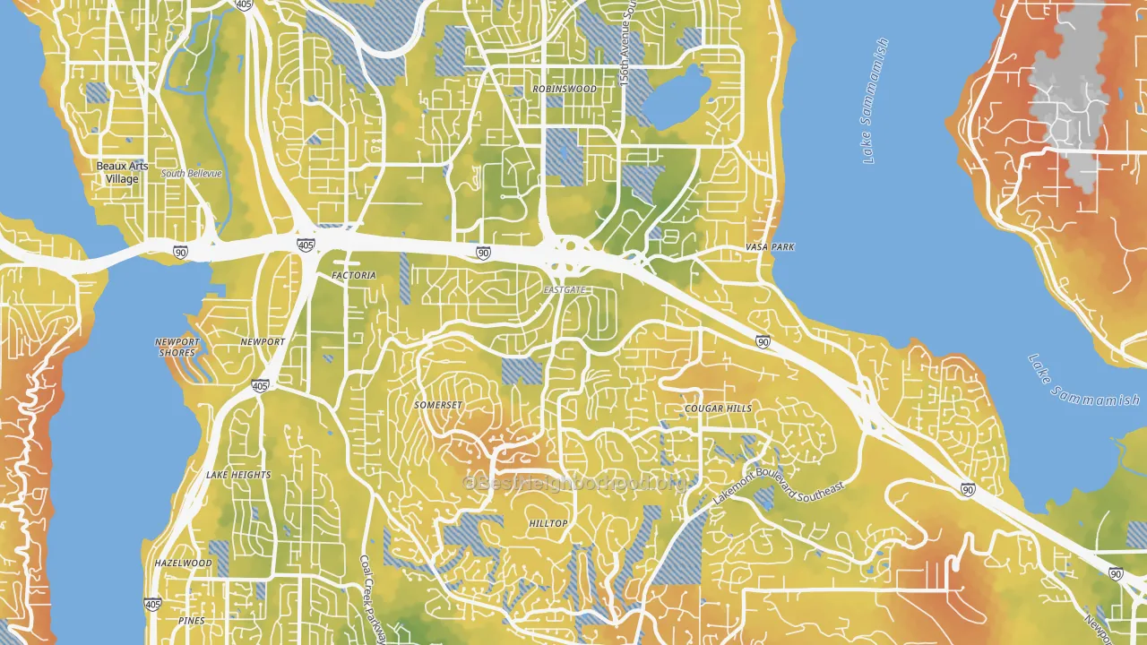 Bike Grade map of Eastgate, Bellevue, WA