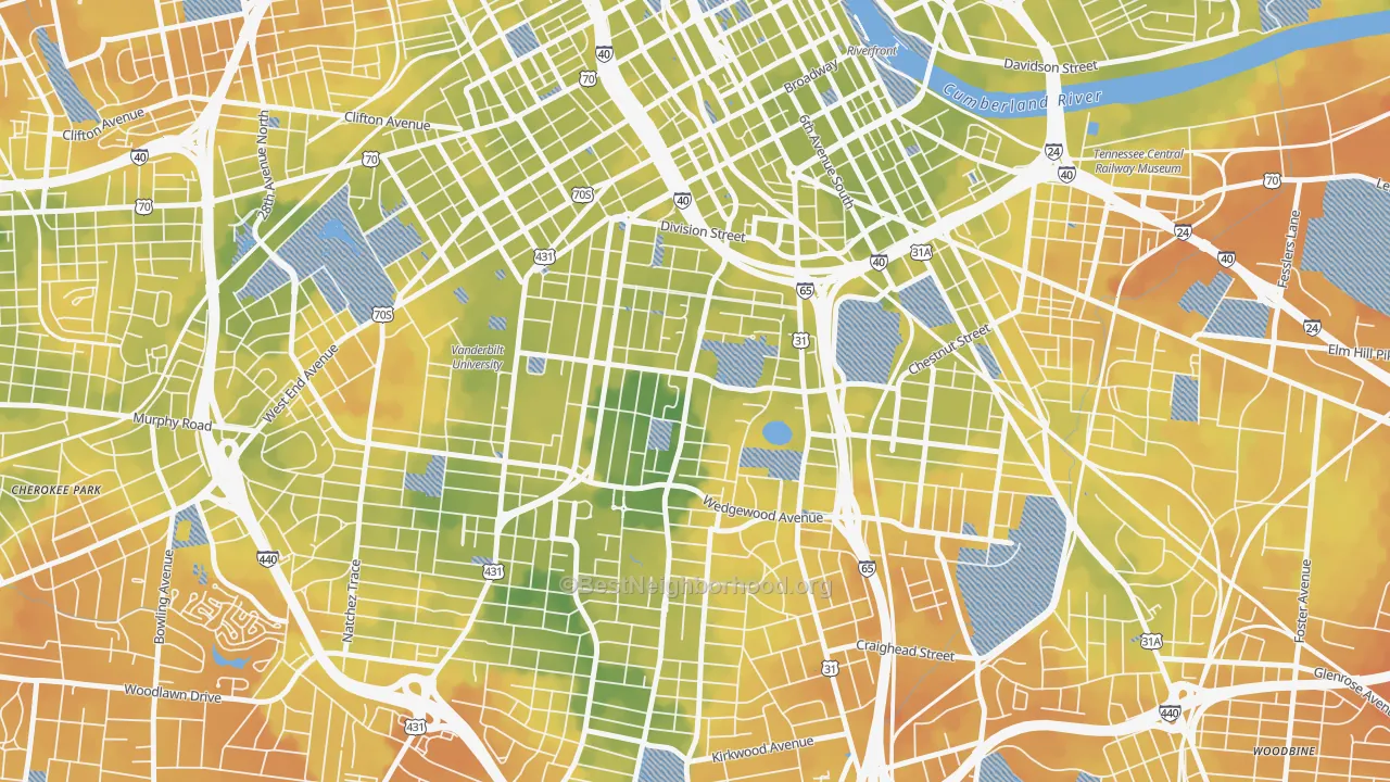 Bike Grade map of Edgehill, Nashville, TN