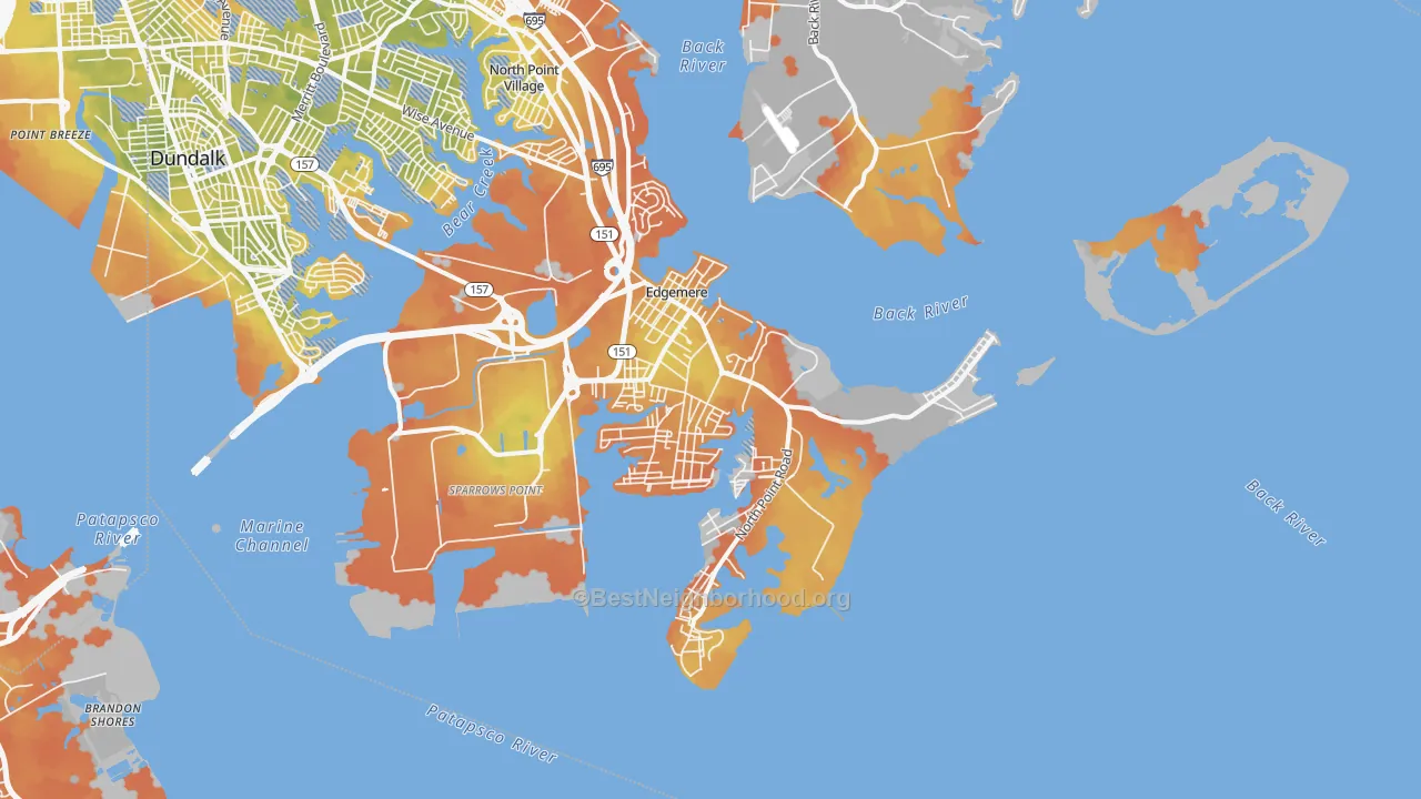 Bike Grade map of Edgemere, MD