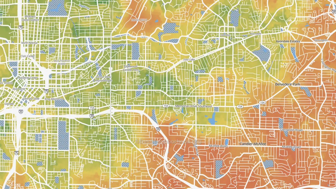Bike Grade map of Edgewood-Kirkwood, Atlanta, GA