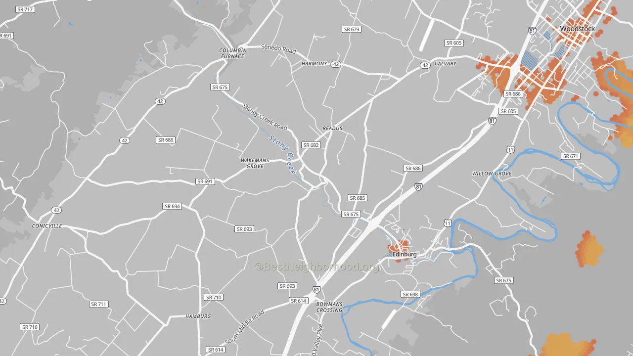 Bike Grade map of Edinburg, VA