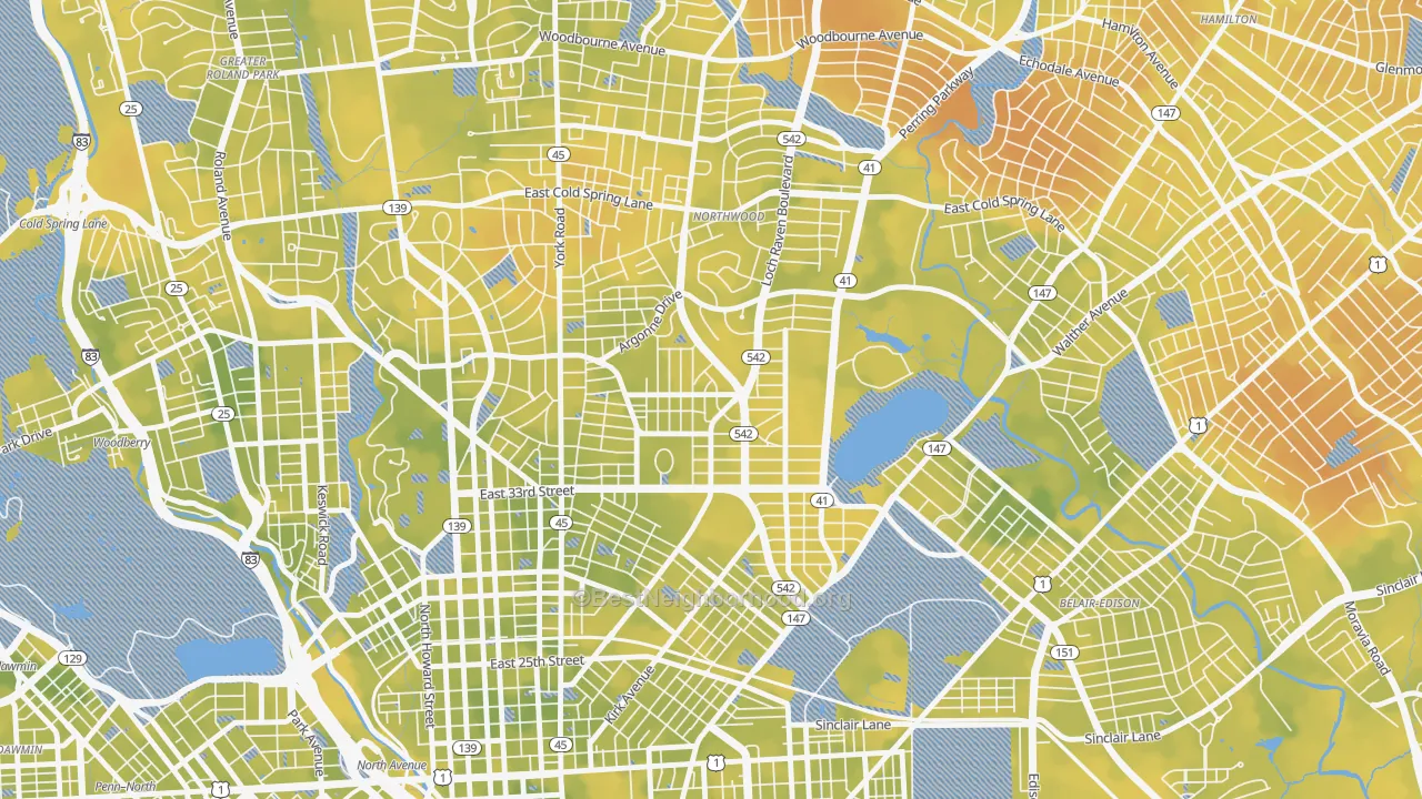 Bike Grade map of Ednor Gardens-Lakeside, Baltimore, MD