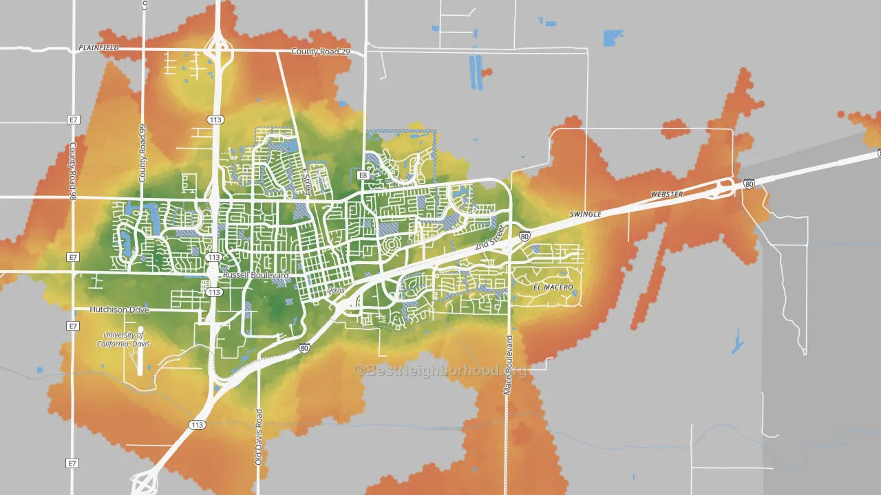 Bike Grade map of El Macero, CA