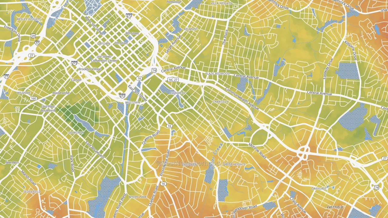 Bike Grade map of Elizabeth, Charlotte, NC