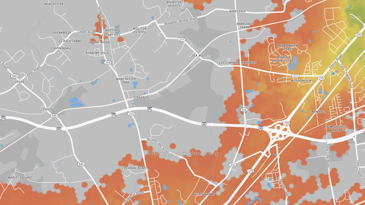 Bike Grade map of Elk Mills, MD
