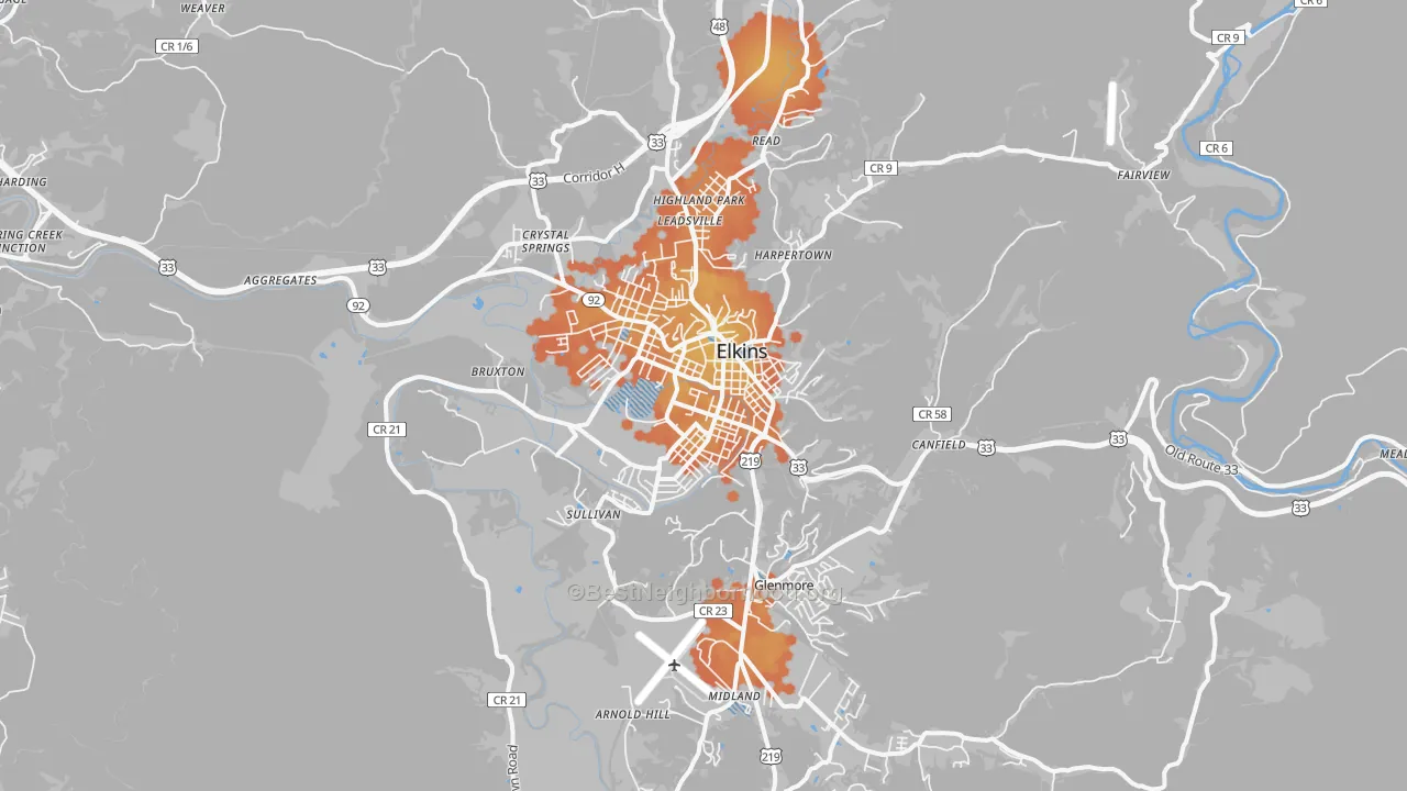 Bike Grade map of Elkins, WV